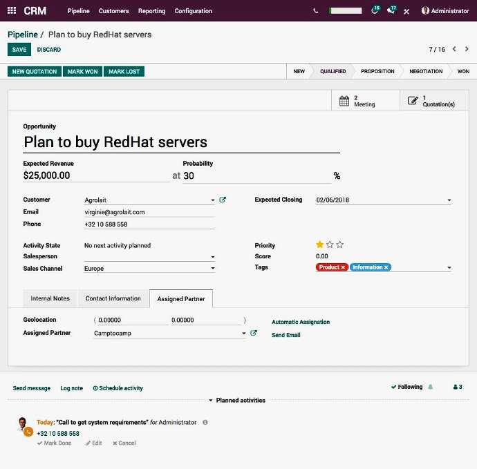 Programando tareas en CRM de Odoo Programando tareas en CRM de Odoo